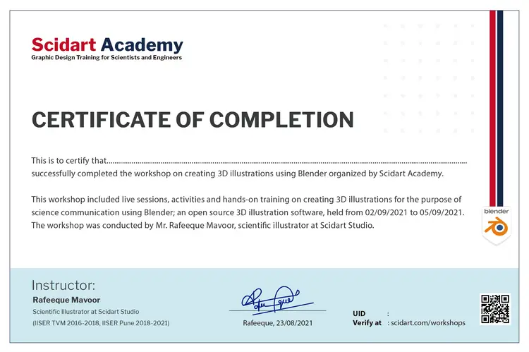 Scidart Academy Blender workshop certificate of completion